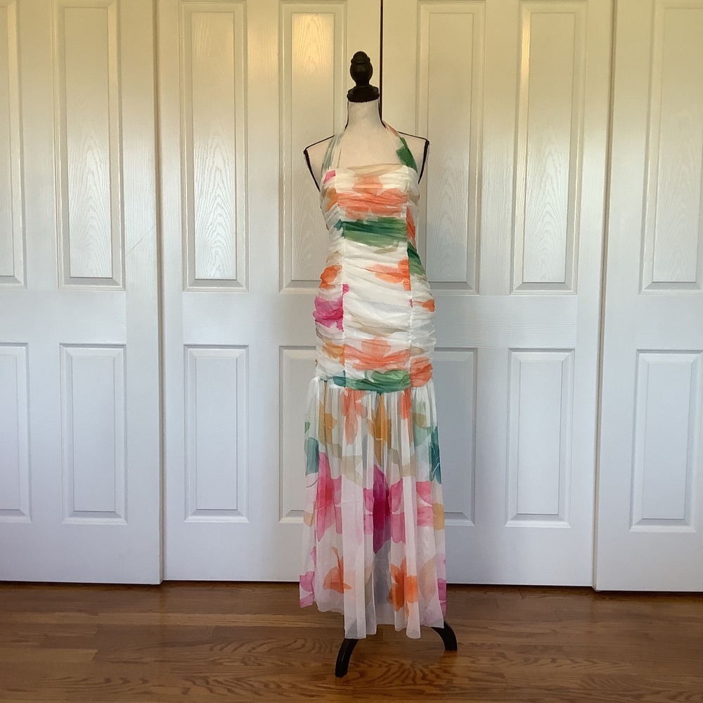 Chic Me Floral Ruched Halter Maxi Dress Multicolor Watercolor Mesh Size L NWOT